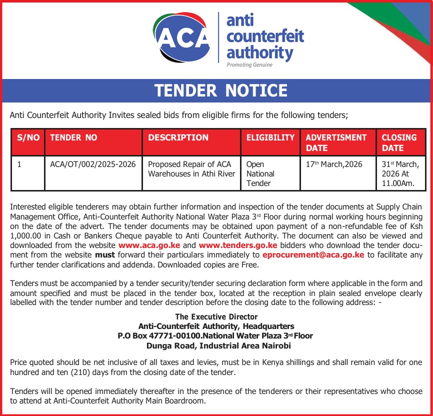Tender Notice Proposed Repair of ACA  Warehouses in Athi River