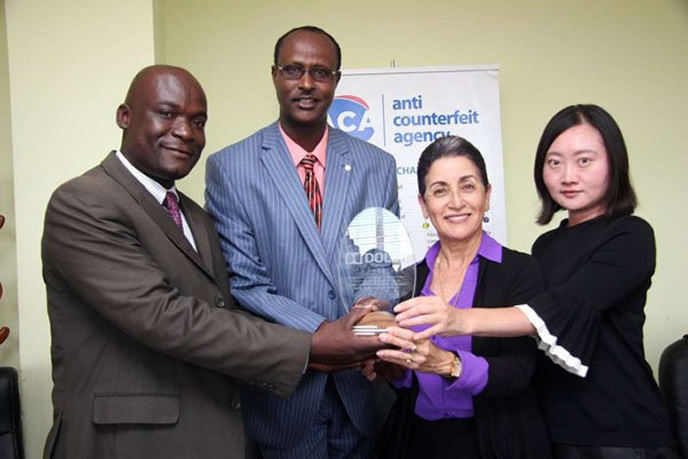 From left: Anti-Counterfeit Authority Deputy Director Enforcement and Legal Services Mr. Johnson Adera, The Executive Director Elema Halake, Dolby Laboratories, INC. Senior Director IP Protection and Enforcement Vivian Vassallo and Senior Manager Amy Kim holding a trophy in recognition of the agency's commitment to enforce intellectual property rights in the country. on January 29, 2019 Nairobi Anti-Counterfeit Authority Feted for Intellectual Property Rights Enforcement by Dolby Laboratories Inc